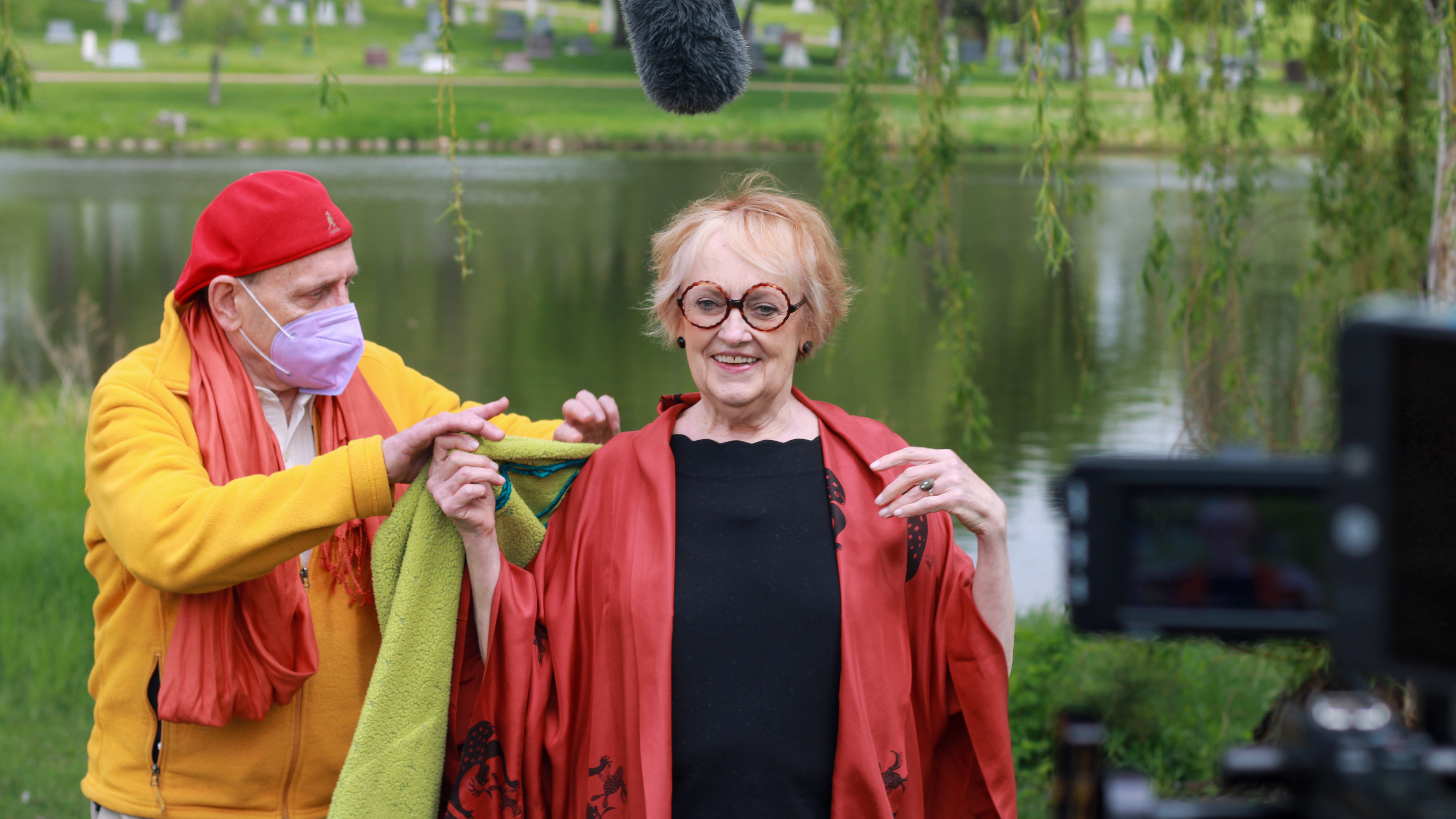 Candace Barrett Birk prepares to perform Mary Oliver’s “When Death Comes” with assistance from fellow actor and husband, Raye Birk, at Lakewood Cemetery for Art + Medicine: Healthy Aging.
